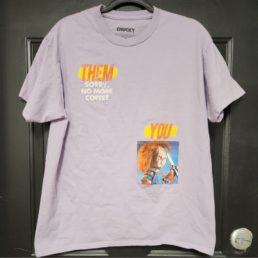 Chucky Child’s Play T-Shirt Medium Purple Short Sleeve Coffee Funny Horror Tee